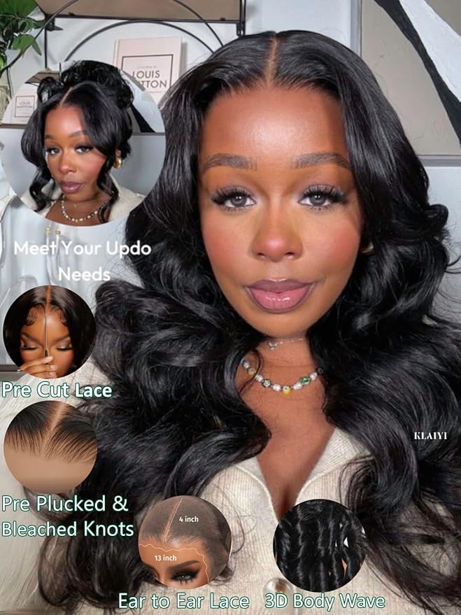 KLAIYI Wear And Go Glueless Wig Bye Bye Knots 13x4Precut Lace Front Wigs Human Hair Loose Body Wave Wig Pre Bleached Pre Everything Pre Plucked with Baby Hair 3S Ready to Wear Beginner Friendly 22Inch