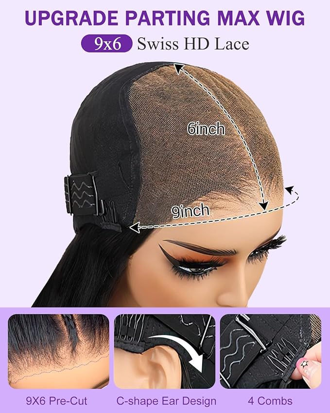 9x6 SKINLIKE Real HD Lace Closure Wig, Body Wave 180% Density 0.10mm Ultra-thin Swiss Lace Pre-plucked Bleached Small Knots With Baby Hair Natural Black Human Hair Wigs 26Inch