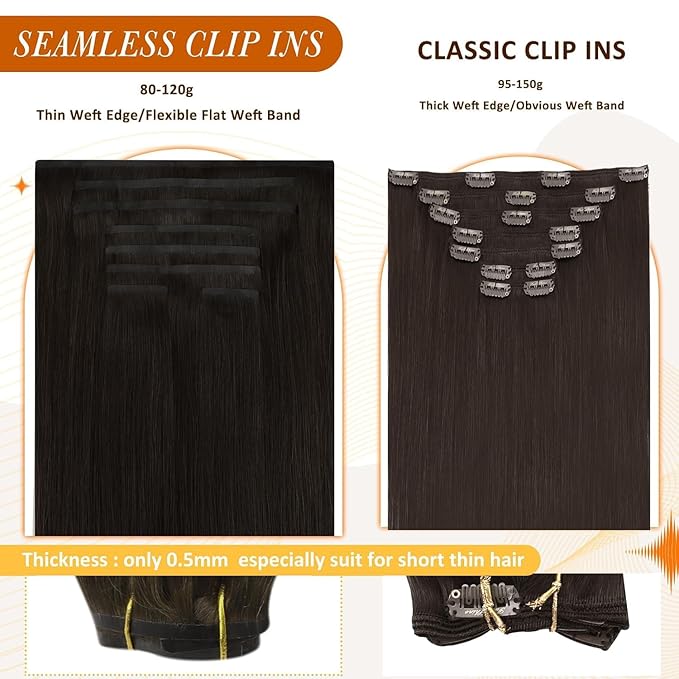 Full Shine Seamless Clip in Hair Extensions Human Hair Brown Remy Hair Extensions Clip in Darkest Brown Straight Natural Hair Extension for Women 12 Inch 8 PCS 95 G