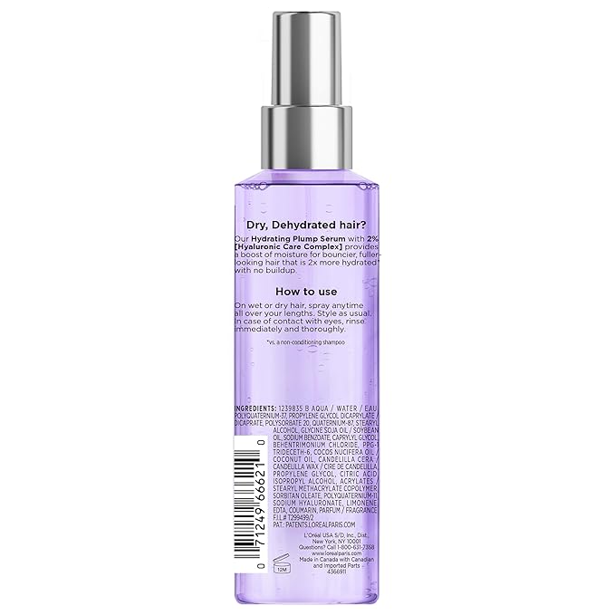 L'Oreal Paris Elvive Hyaluron Plump Moisture Plump Hair Serum for Dehydrated, Dry Hair with Hyaluronic Acid Care Complex, Paraben-Free, 4.4 Fl Oz