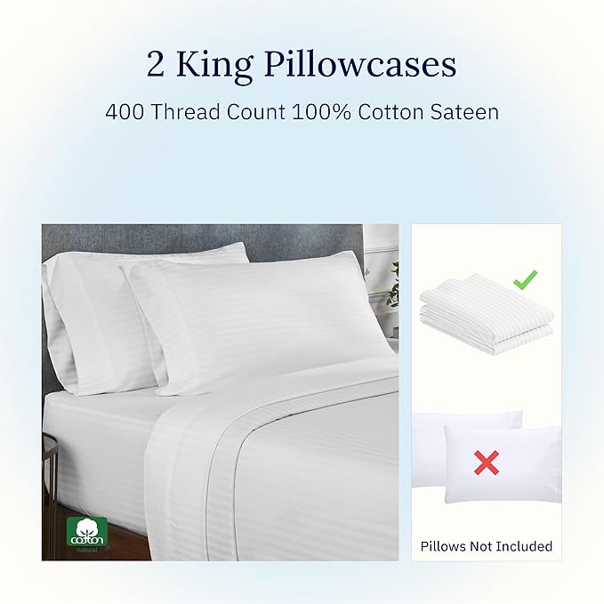 California Design Den King Size Pillowcase Set - 400 Thread Count, 100% Cotton Sateen, Set of 2 Pillow Covers, Soft and Breathable - Striped Bright White