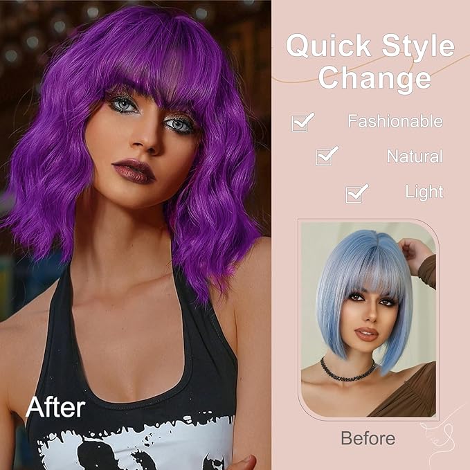MISSQUEEN Short Dark Purple Wigs with Bangs for Women Loose Wavy Purple Wig Curly Shoulder Length Synthetic Cosplay Bob Purple Wavy Wig for Girl Colorful Costume Wigs