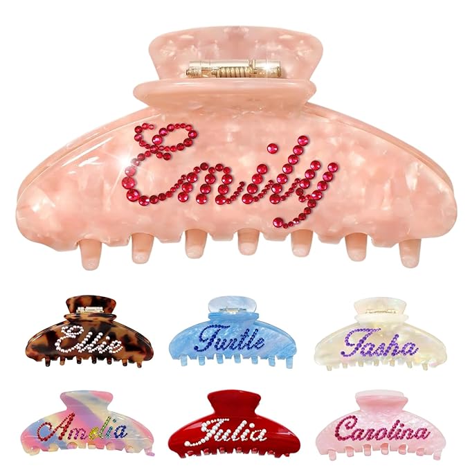 Personalized Colorful Name Hair Claw Clips for Women,Custom Hair Clips with Diamond,Cute Hair Accessories 4",Handmade Rhinestones Hair Clamp Gifts for Mom,Bride,Wife,Bridesmaid,Couples（Shell Pink）
