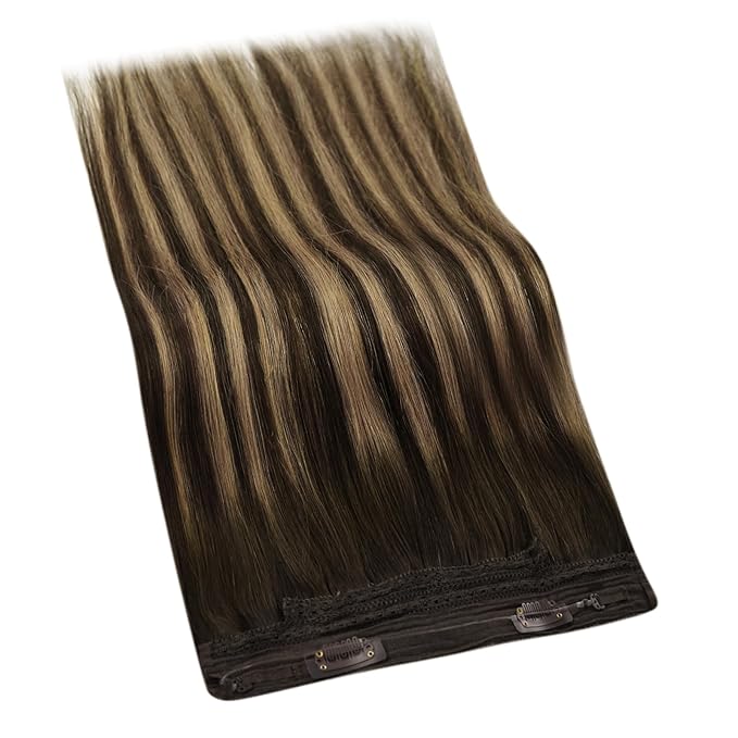 YoungSee Wire Human Hair Extensions Balayage Hair Extensions Wire Brown Fish Line Hair Extension Real Human Hair Balayage Chocolate Brown Mix Caramel Blonde Long Straight Hair 20In 100G
