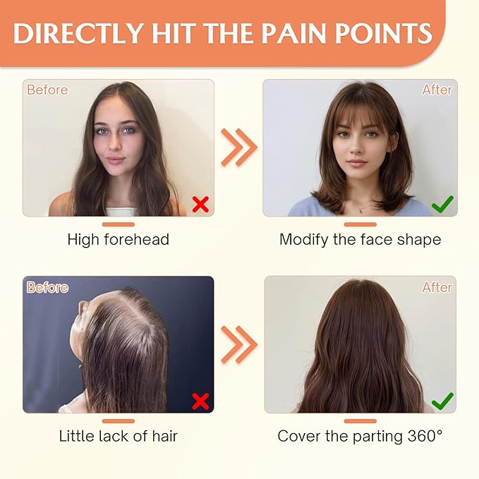 Benehair Clip in Bangs 100% Real Human Hair Extensions 360° Cover Clip on 3D Wispy Bangs for Women Topper Hairpieces for Women Light Brown