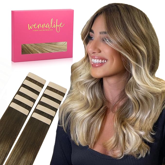 Wennalife Tape In Hair Extensions Human Hair Ombre Walnut Brown to Ash Brown and Bleach Blonde, 10pcs 25g 16 inch Remy Invisible Tape Ins Straight Real Human Hair Tape in Extensions