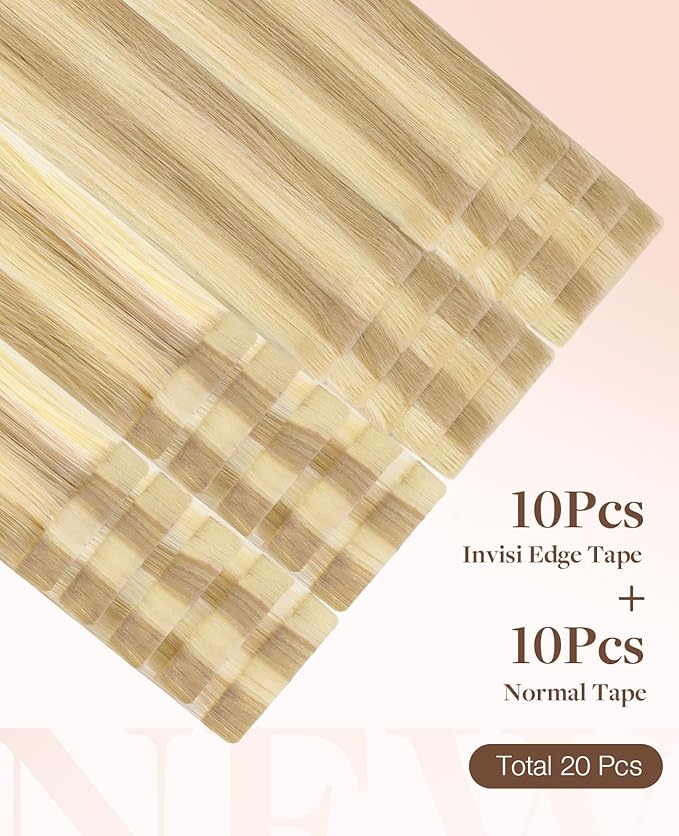 GOO GOO Invisi Edge Tape in Hair Extensions Human Hair, 18D/22F Dirty Blonde Highlights10pcs injected with 10pcs classical tape ins, 20inch 50g, Virgin Remy Hair, Natural Look