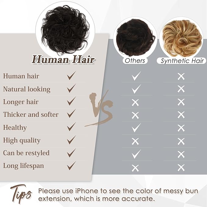 RUWISS Large Messy Bun Hair Piece 100% Human Hair Layered Wavy Curly Hair Buns Hairpiece for Women Thick Updo Hairpiece for Daily Wear Real Hair Scrunchies Brown Black Ponytail Extension