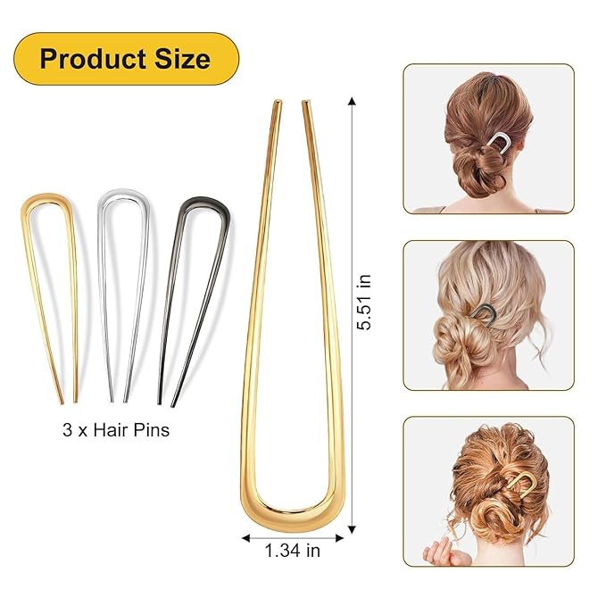 French Pin Hair Clip for Women - Elegant & Durable Metal U-Shaped Hair Pin for Updos, Bun, Chignon & Twist, Secure Hold All Day, Comfortable Fit, Ideal Gift for Her 1pc (Silver)