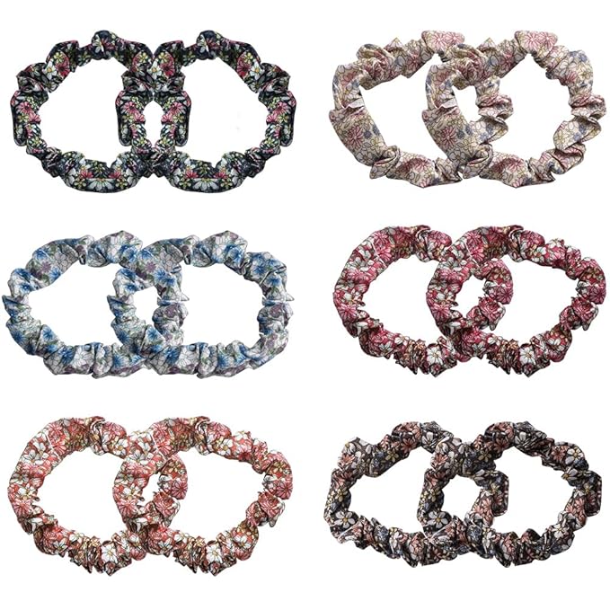 12Pcs Thin Floral Hair Ties, Soft Hair Scrunchies Elastic Hair Bands Floral Solid Ropes Ponytail Holder Stocking Stuffers for Women Girls
