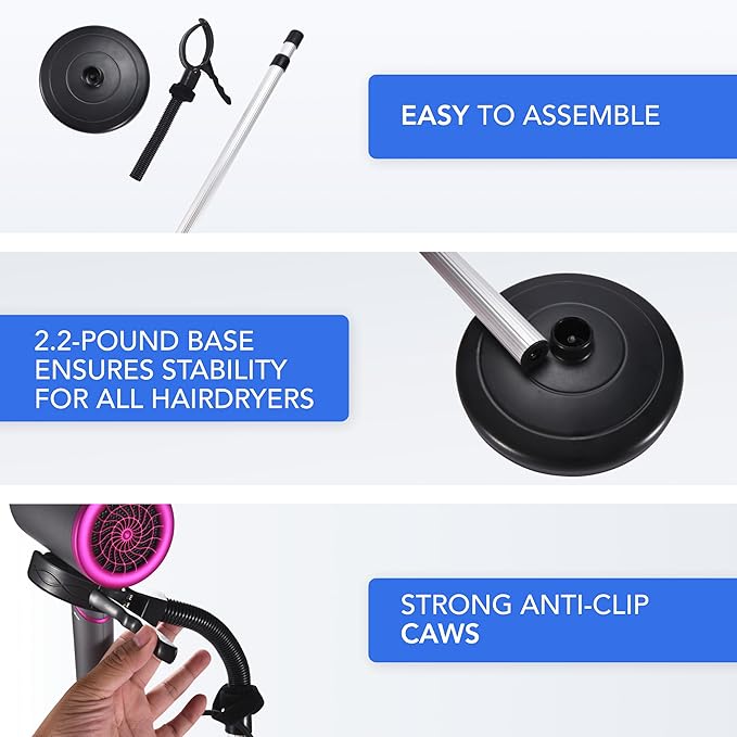 Bamodi Hair Dryer Holder Black - Hands-Free Hair Drying Metal Stand with 360° Rotation, Adjustable Height - Countertop or Wall Mount - Stylish and Convenient Storage Solution for Bathroom