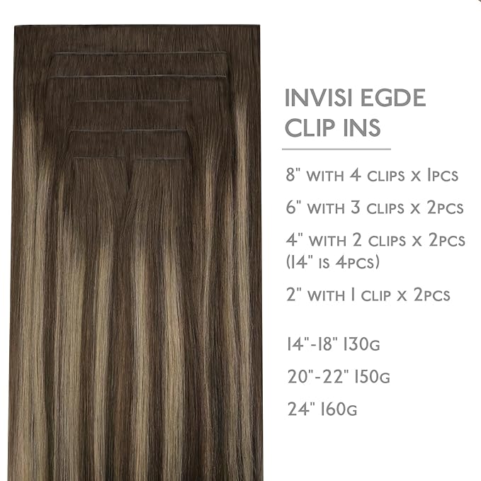 WENNALIFE Invisi Edge Clip in Hair Extensions Real Human Hair, 24 Inch 160g 7pcs Balayage Chocolate Brown to Caramel Blonde Seamless Clip in Extensions Remy Hair Clip Ins Invisible Skin Weft Straight