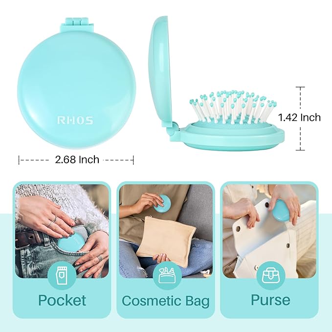 RHOS Folding Brush with Mirror for Women, Men & Kids - Compact, Portable, and Foldable for Travel, Purse or Pocket (Blue)