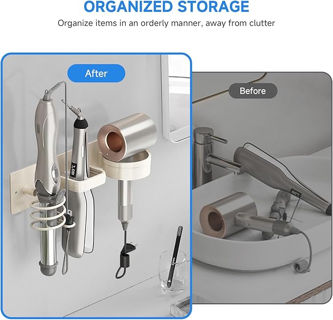 Hair Dryer Holder Wall Mounted,Blow Dryer, Curling Iron, Straightener Holder 3 in 1 Bathroom Metal Hair Tool Organizer Rack-White-1