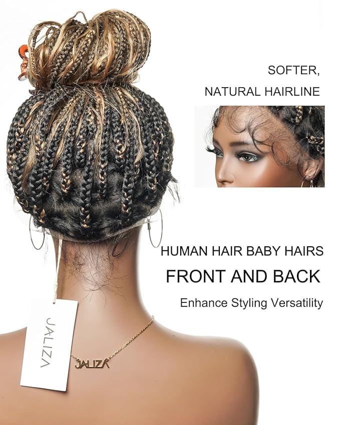 Human Hair Boho Curls Hand-Tied HD Full Lace Wig - 24" Salon-Level Small Box Synthetic Braids (121 Braids, High Density) Pre-Cut Swiss HD Lace, Pre-Plucked, Tangle-Free - 1B/27/613 Highlight