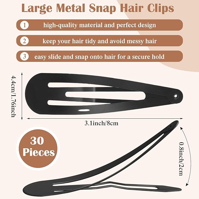 WILLBOND 30 Pieces 3.1 Inch Large Metal Snap Hair Clips Nonslip Barrettes Women Hair Accessories (Five Color)