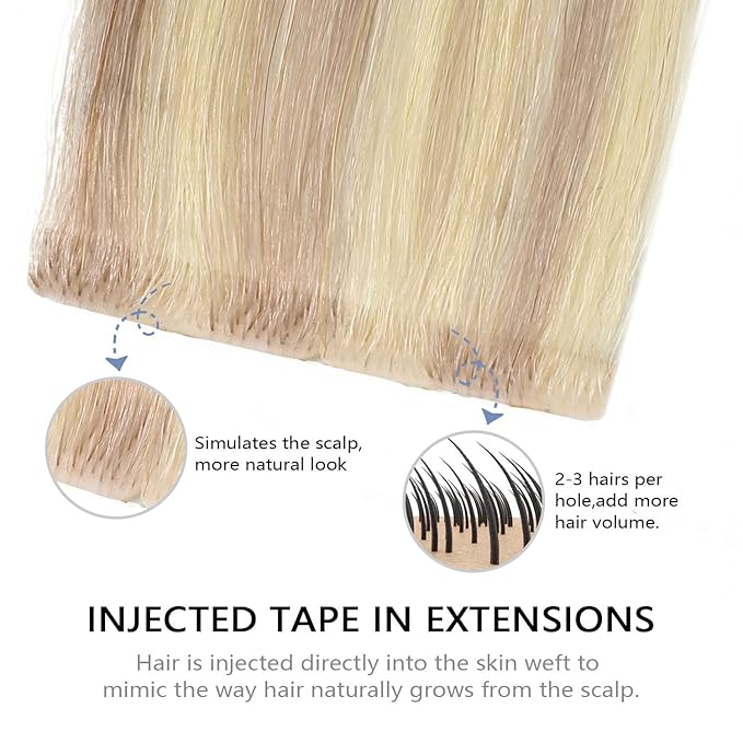 COOKAYU Invisible Tape in Hair, Ash Blonde and Platinum Blonde Seamless Injected Tape in Human Hair Extensions 20pcs/pack 22Inch 50g Invisi Edge Extensions