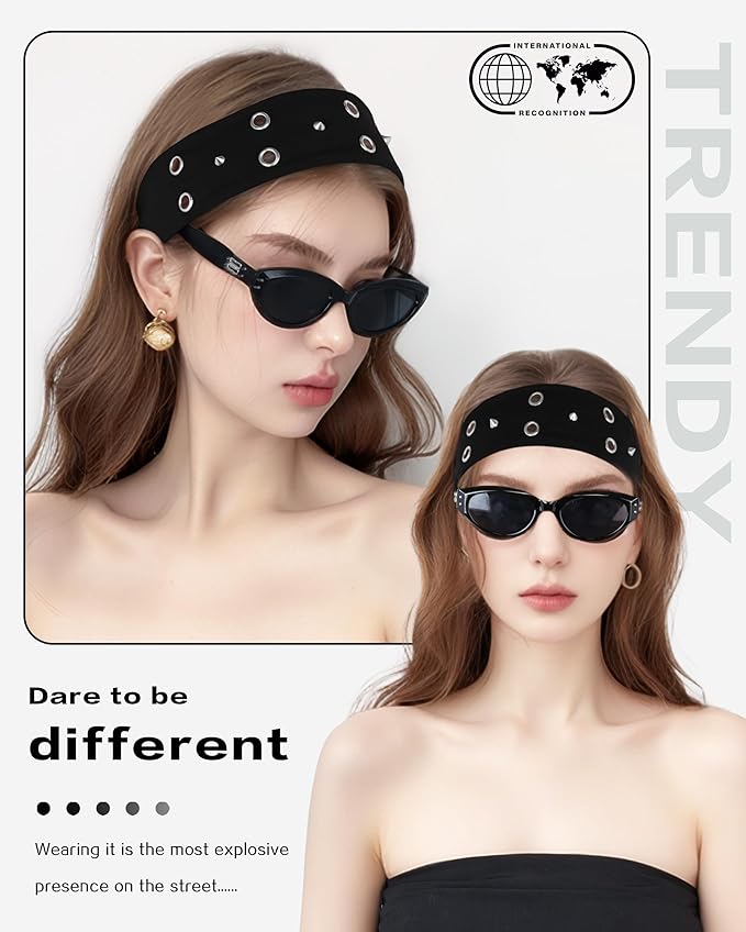 Grommet Headband for Women, Black Triangle Studs 23cm Hollow Out Elastic Hair Band, Eyelets Punk Grunge Stylish Hairband