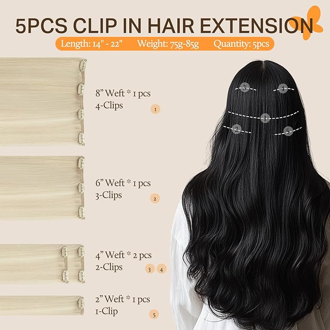 DOORES Clip in Hair Extensions Human Hair, 5pcs 80g Platinum Blonde 18 Inch Real Human Hair Extensions Clip in Natural Hair Extensions Straight