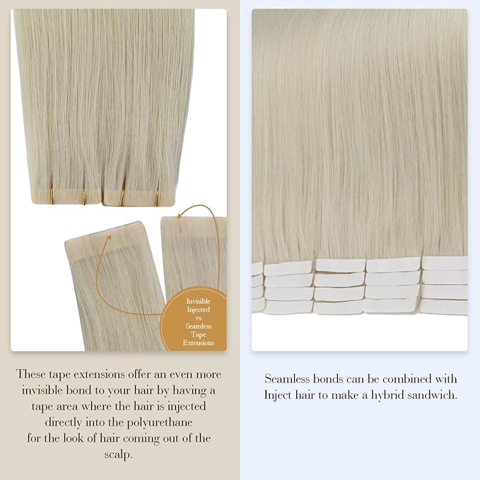 Full Shine Injection Tape ins Human Hair Extensions Virgin Tape Hair Extensions Human Hair Color 1000 Blonde Human Hair Extension 14Inch Machine Remy Seamless Extensions 10G 5Pcs for Wedding