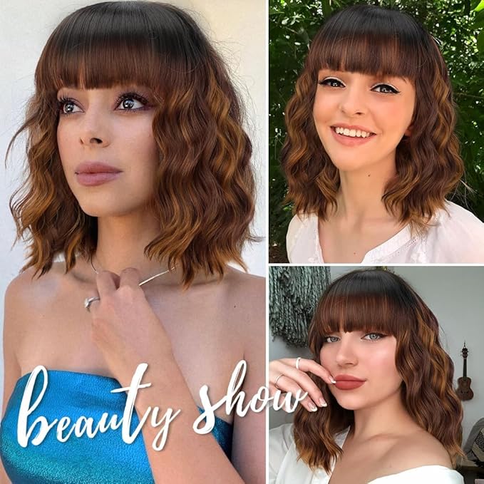 AISI HAIR Curly Bob Wig with Bangs Ombre Brown Mix Blonde Color Short Wavy Wigs for Women Bob Style Synthetic Heat Resistant Bob Wigs