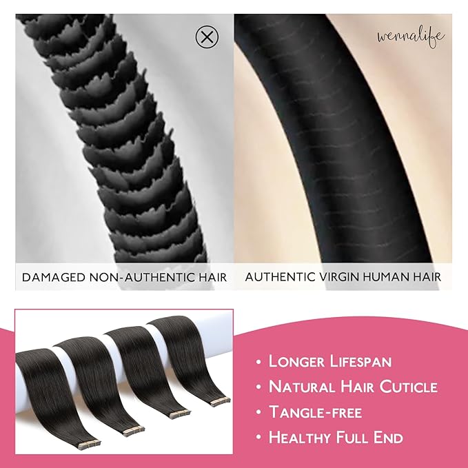 WENNALIFE Tape in Hair Extensions Human Hair Natural Black Tape in Extensions, 10pcs 25g 14 inch Remy Invisible Tape Ins Straight Colored Soft Real Human Hair Tape in Extensions Refill Set Extensions