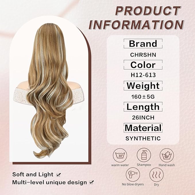 Ponytail Extension, Drawstring Ponytail Extension for Women 26 Inch Long Wavy Pony Tails Hair Extensions Synthetic Clip in Ponytail Hairpiece for Women Brown Mixed Blonde