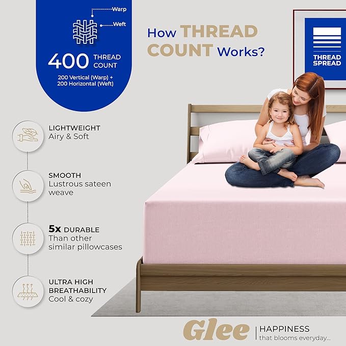 THREAD SPREAD 100% Cotton Pillowcases Standard/Queen Size Set of 2-400 Thread Count Cotton Pillowcases, Soft Cooling Sateen Weave Pillow Cases for Sleeping, Set of 2 Pillow Covers (Soft Blush)