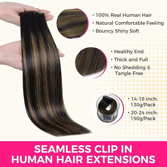 Lashey Seamless Clip in Hair Extensions Human Hair 130g 9pcs Straight Natural Black Mixed Chestnut Brown 14 Inch Hair Extensions with PU Soft Invisi Edge for Women