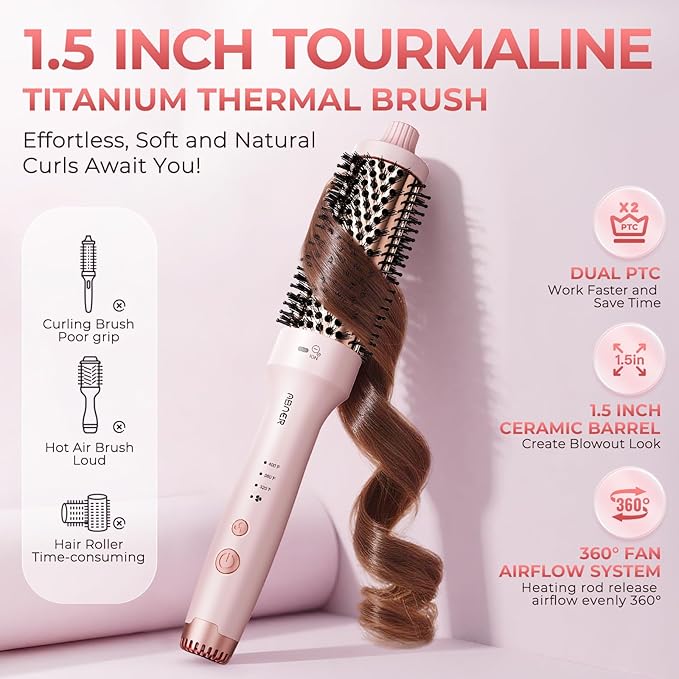 ABNER Thermal Ionic Brush, 1.5 inch Heated Round Brush for Blowout Look, Volumize, Style, Makes Hair Shinier & Smoother, Dual Voltage, Negative Ion Technology, Titanium, Temperature Settings