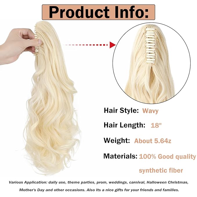 Claw Clip Ponytail Extension 18" Clip in Wavy Ponytail Hair Extensions Long Pony Tails for Women Extensions Bleach Blonde Wave Hairpiece