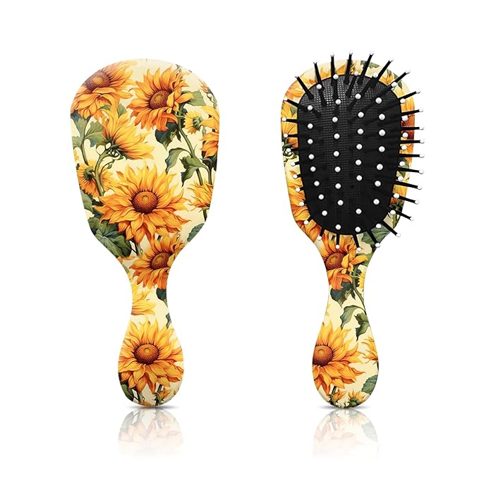 Mini Hair Brush,Cute Detangling Travel Hair Brush,Soft Bristles for Effortless Tangle Removal,Detangler Hairbrush for Women Men Boys Girls Kids Wet Dry All Hair Types (Yellow Sunflower, Mini)