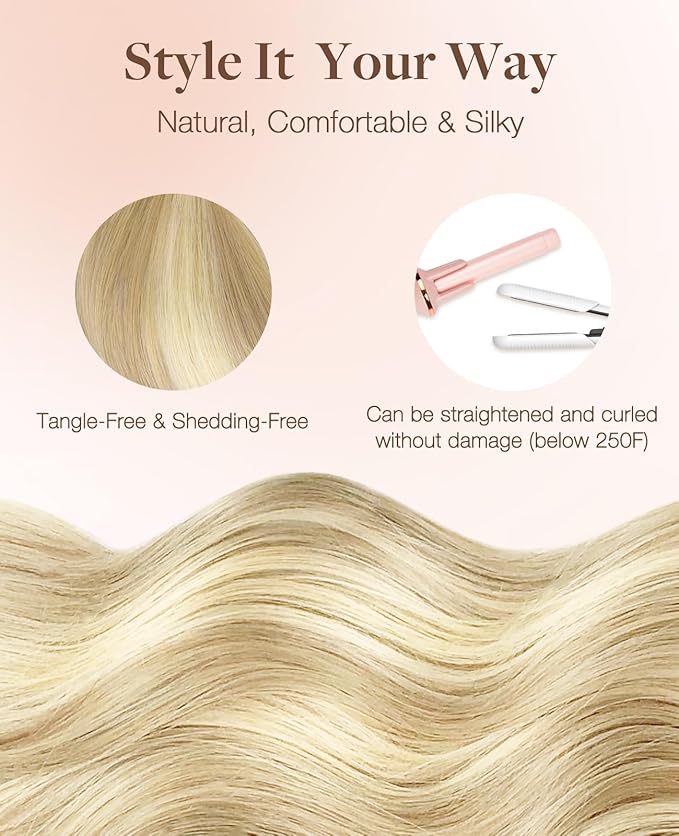 GOO GOO Invisi Edge Tape in Hair Extensions Human Hair, 18A/613A Dark Blonde Highlighted Bleach Blonde 10pcs injected with 10pcs classical tape ins, 24inch 50g, Virgin Remy Hair, Natural Look