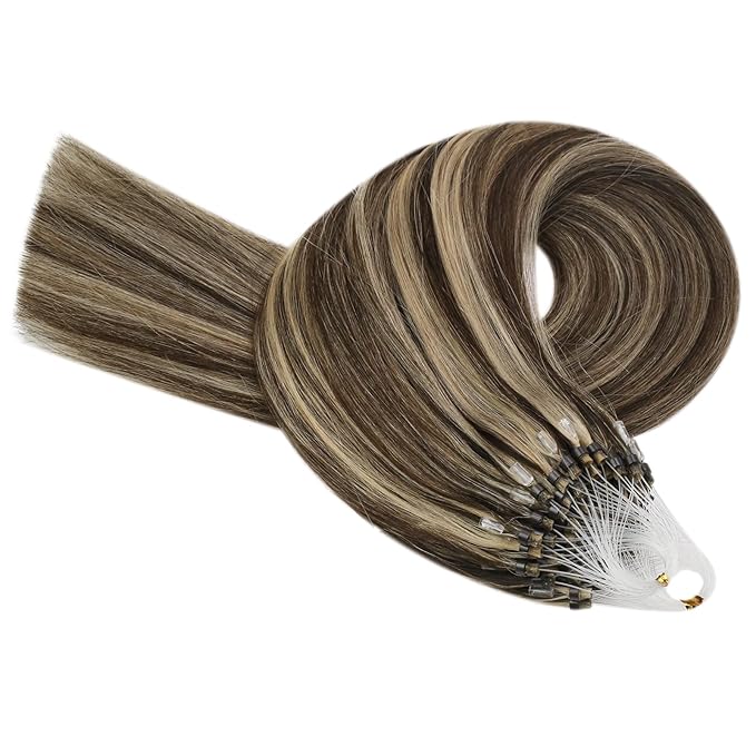 YoungSee Micro Loop Hair Extensions Real Human Hair Brown Highlight Micro Ring Hair Extensions Human Hair Highlight Dark Brown and Blonde Microbeaded Extension Human Hair Remy Hair 22In 50g 50s