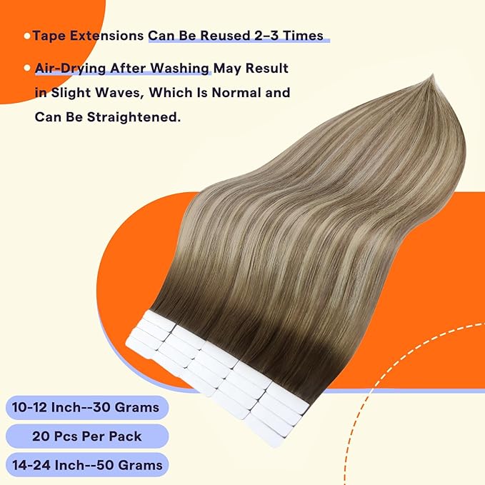 Full Shine Tape in Hair Extensions Color 3/8/22 Dark Roots Brown and Blonde Remy Seamless Tape ins Human Hair Extensions 20 Inch Double Sided Balayage Tape Extensions 50 Gram 20 Pieces for Wedding