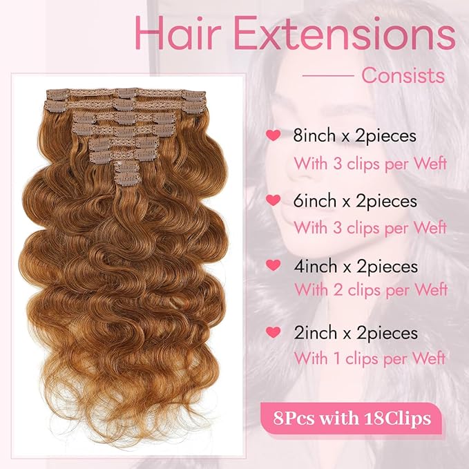 Clip in Hair Extensions Real Human Hair Body Wave 30 Auburn Ginger Clip in 100% Brazilian Remy Human Hair Extensions 8pcs Per Set with 18 Clips Double Weft 24 Inch 120g/3.6oz