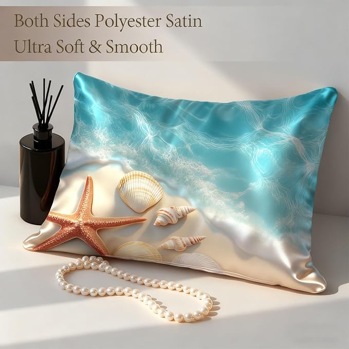 Imitation Silk Pillow Case for Hair and Skin Beautiful Beach and Starfish 1 Pack Satin Pillow Case Standard Size with Hidden Zipper Smooth Cooling Pillow Cover for Sleeping 20”x26”