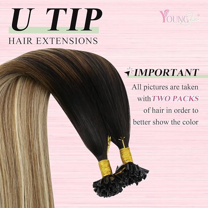 YoungSee U Tip Hair Extensions Human Hair Balayage U Tip Hair Extensions Ombre Dark Brown to Brown with Blonde K Tips Hair Extension Real Human Hair Silky 18In Balayage Utip Remy Hair 1g/s 50g