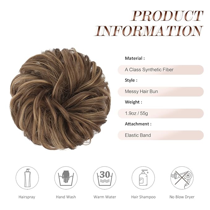 FESHFEN Messy Bun Hair Pieces - Large Wavy Curly Elastic Hair Bun Scrunchies Ponytail Extensions Synthetic Chignon Hairpieces for Women, Brown Mixed Honey Blonde 1.94oz