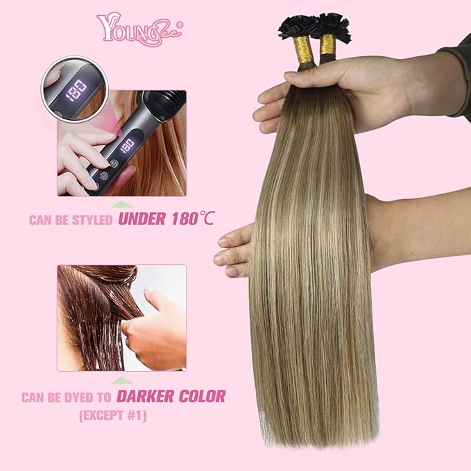 YoungSee K Tip Hair Extensions Balayage 22In Keratin Hair Extensions Human Hair Ombre Dark Brown to Brown with Blonde Straight 50s/50g