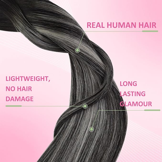 YoungSee Tape in Human Hair Extensions Ombre Black to Silver Invisible Tape ins Hair Extensions Human Hair Black to Silver Real Hair Extension Tape-in for Short Hair 12 Inch 30g 20pcs