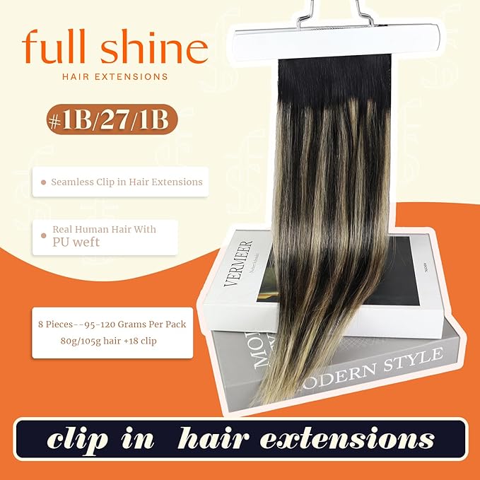 Full Shine Black Roots Hair Extensions Clip in Human Hair Ombre Black Mix Honey Blonde Seamless Hair Extension 22 Inch Clip in Invisible Hair Extension Add Volume for Long Natural Hair 120 G 8 Pcs