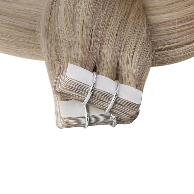 Full Shine Seamless Tape in Hair Extensions 12Inch Color 18 Ash Blonde Highlight 613 Blonde Double Side Invisible Tape in Extensions Short Straigh Real Human Hair 30 Gram Add Volume 20Pcs for Party