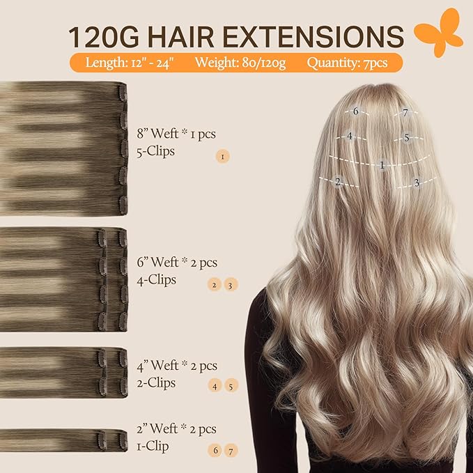DOORES Clip in Hair Extensions Ash Brown to Dirty Blonde Balayage Platinum Blonde 120g 7pcs 16 Inch, Real Human Hair Extensions Clip in Straight Natural Remy Weft