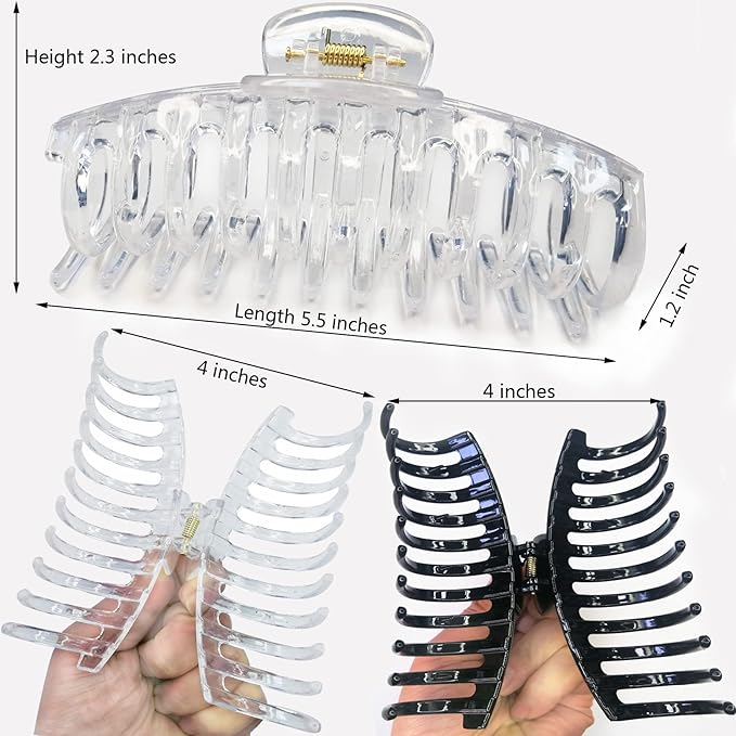 Jumbo 5.5 Inches Hair Clips for Extra Thick Hair - Long Butterfly Hair Accessories for Women, 2 Counts (Black and Clear)