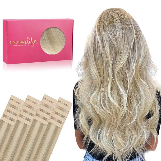 WENNALIFE Tape in Hair Extensions Human Hair, 20pcs 30g 10 inch Ombre Ash Blonde to Golden Blonde Balayage Platinum Blonde Remy Hair Extensions Straight Human Hair Tape in Extensions Tape Extensions