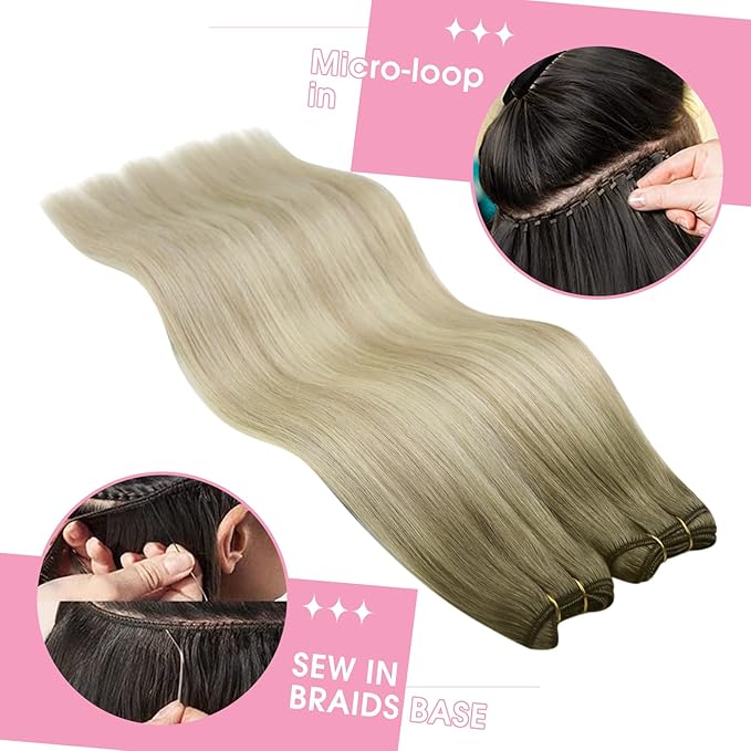 YoungSee 100g Sew in Hair Extensions Real Human Hair Ombre Human Hair Weft Extensions Ash Blonde Ombre Platinum Blonde Highlights Sew in Hair Extension for Short Hair 14inch