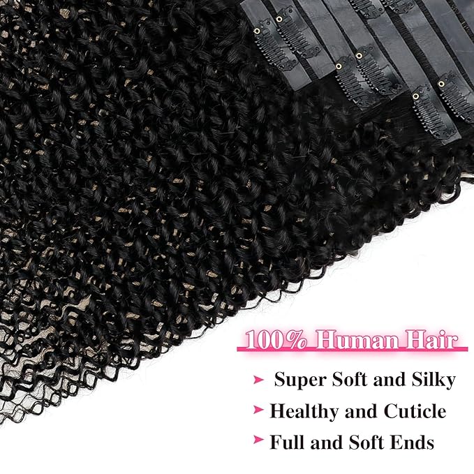 12 Inch Seamless Kinky Curly Clip Ins for Women 3c 4a Kinky Curly Clip on Extension Human Hair Brazilian Remy Human Hair Extensions Natural Black Clip ins 8 Pcs with 18 Clips 120g/Set