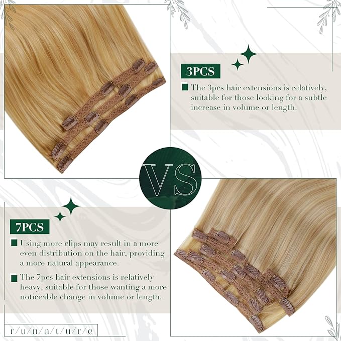RUNATURE Clip in Hair Extensions Blonde Real Human Hair Clip in Extensions, Short Clip Hair Extensions Human Hair Blonde Highlights Remy Hair Add Hair Volume 12 Inch 50g 3pcs #16P24