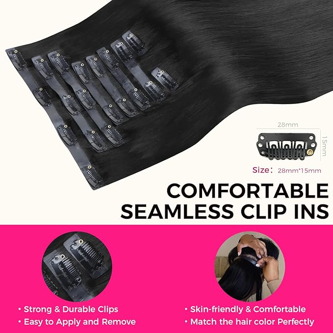 Lashey Seamless Clip in Hair Extensions Human Hair 130g 9pcs #1 Jet Black Straight 16 Inch Clip in Hair Extensions with PU Soft Invisi Edge for Women